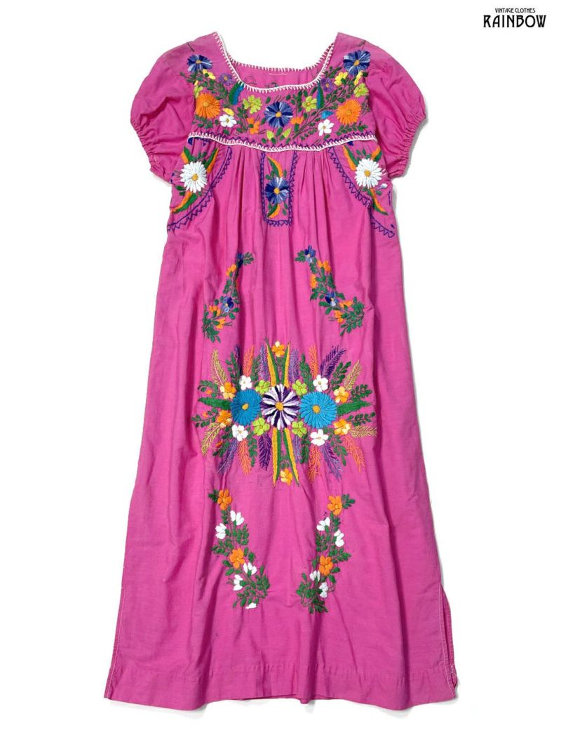 古着 メキシカン刺繍 花柄 コットン ロング丈 半袖 ワンピース ピンク (otu2305163)