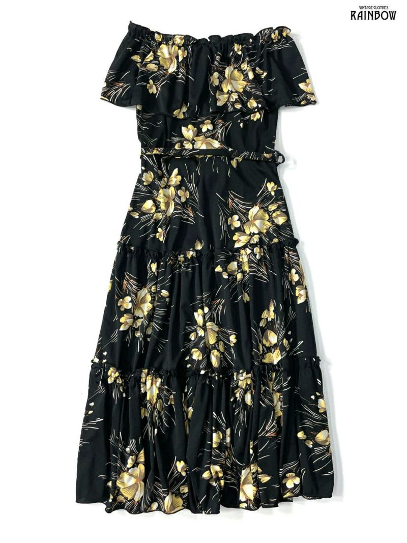 古着 フリル ベルト付き 花柄 ロング丈 半袖 ティアード ワンピース 黒 (otu2305239)