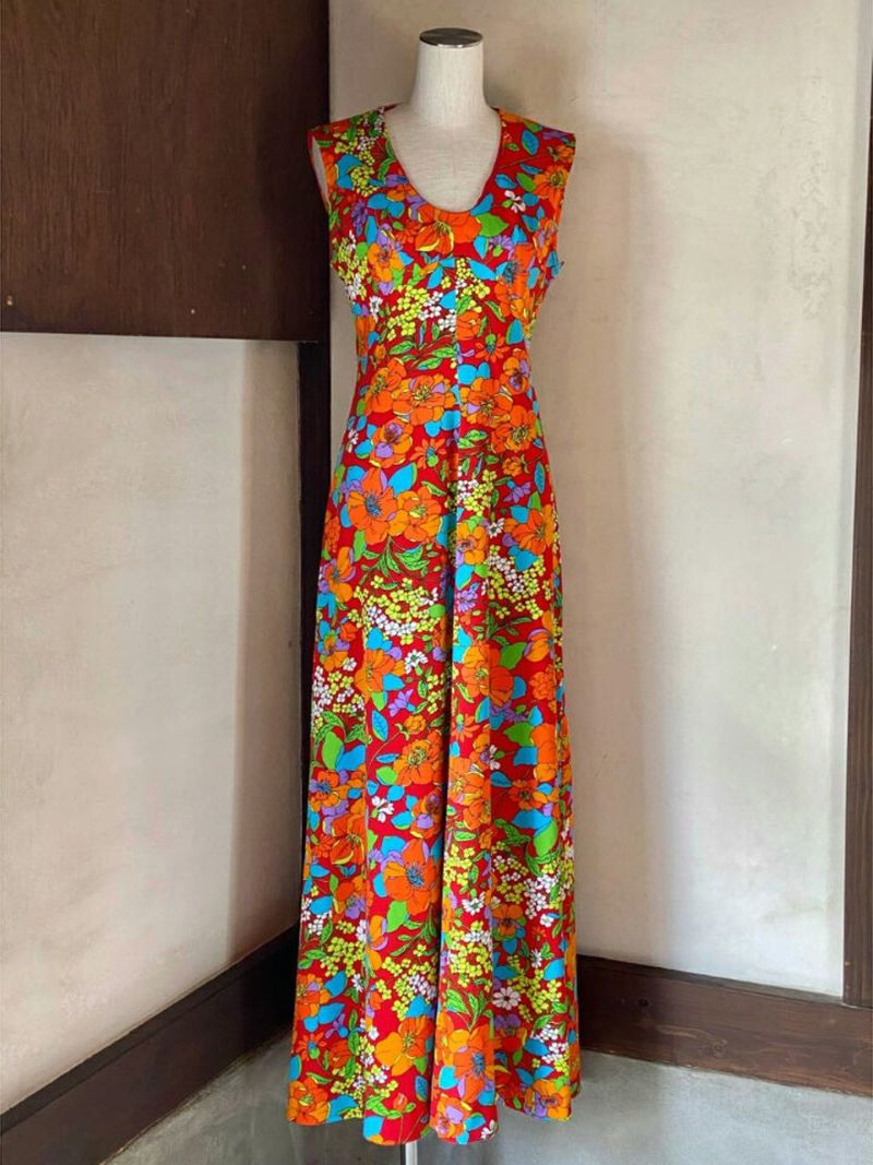 playful color flower print sleeveless long dress〈sd230620