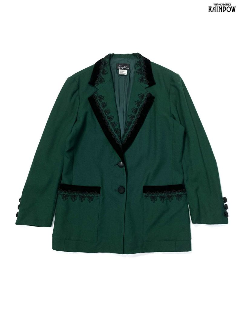 古着 刺繍 ビジュー 無地 ウール１００％ アウター テーラードジャケット 緑 (ttu2310171) - ヴィンテージ古着の古着屋RAINBOW  東京・下北沢