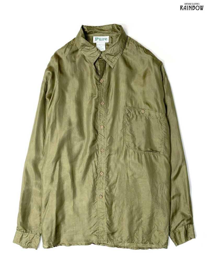 古着 無地 シルク１００％ 長袖 シャツ 緑 カーキ (ttu2210122)