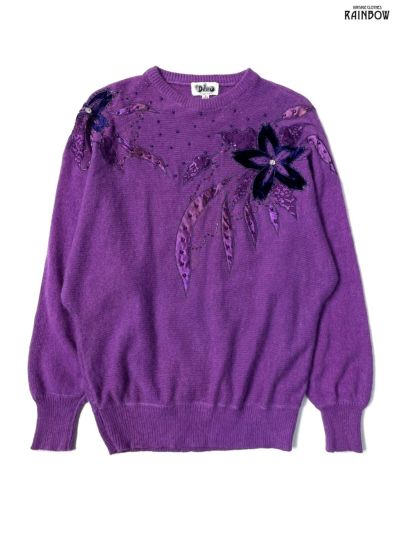 古着 紫 花柄 ニット 長袖 セーター (ttu2012014) | 古着屋RAINBOW