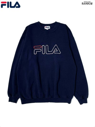 古着 90's FILA フィラ ブランドロゴ 長袖 スウェット トレーナー 紺